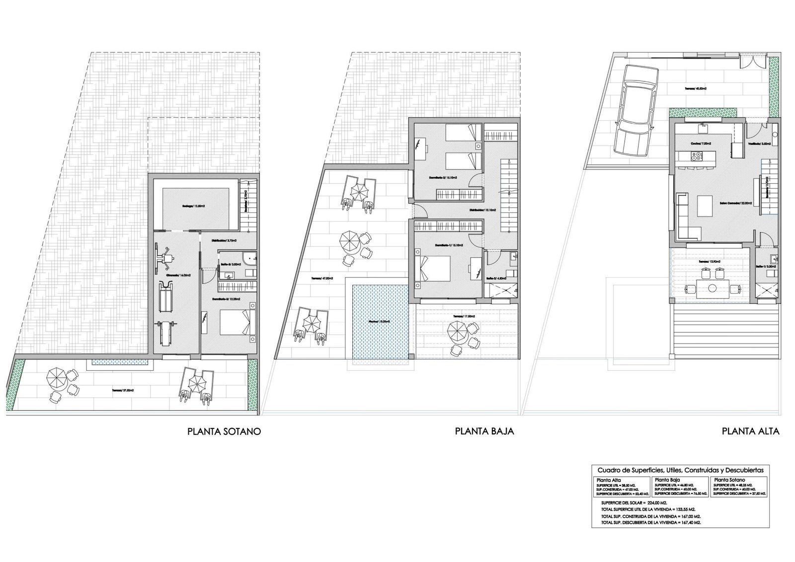 Floor plan — Modelo Mirador semi-detached villa: basement, ground and upper level