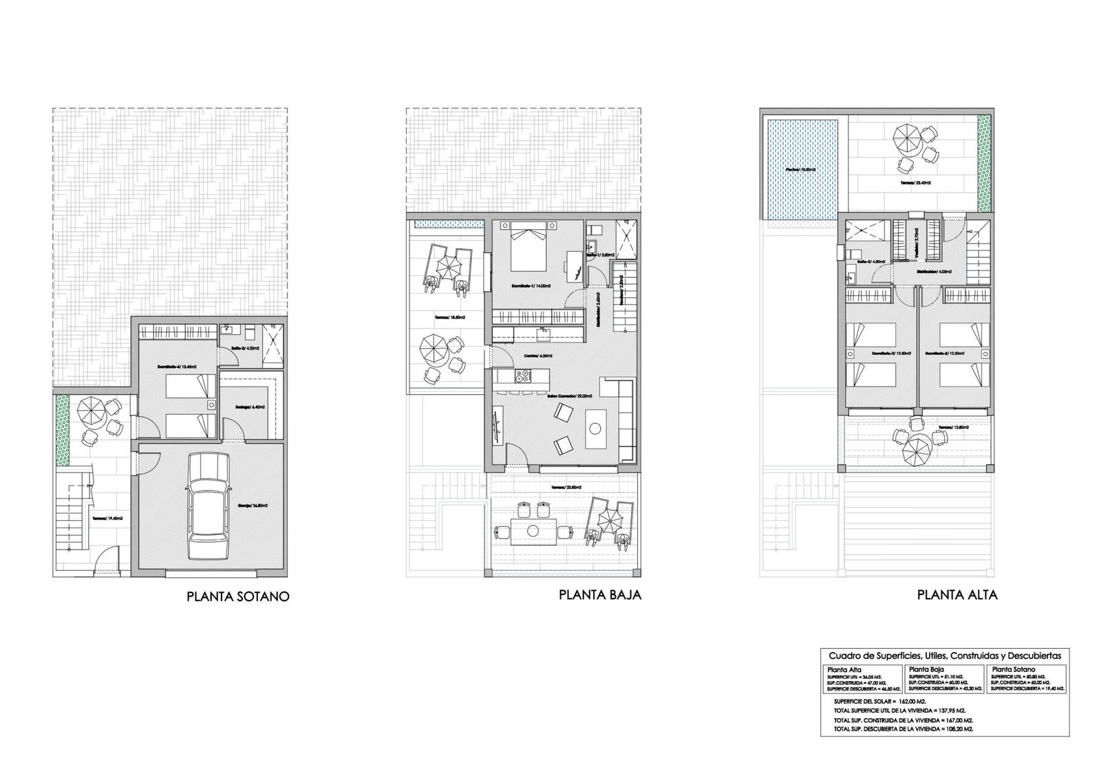 Floor plan — Modelo Poniente semi-detached villa: basement, ground and upper level