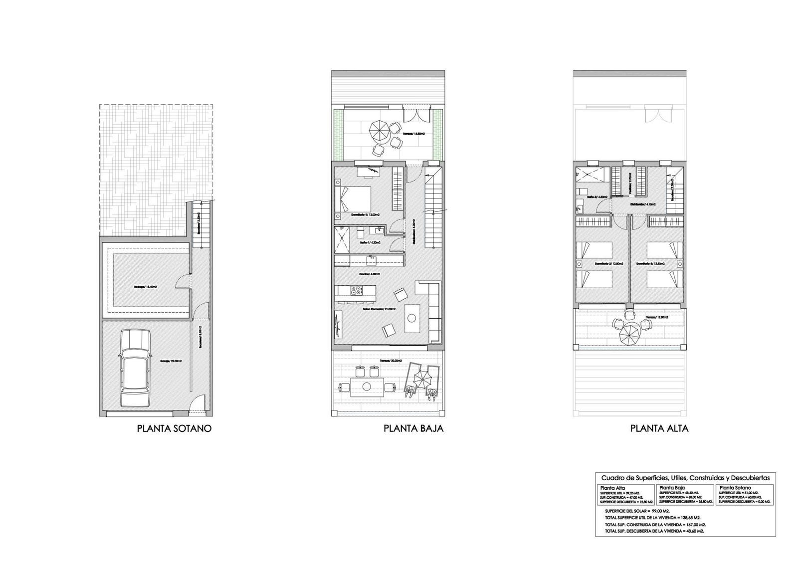 Floor plan — Modelo Costa townhouse villa: basement, ground and upper level